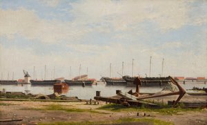 クレーンといくつかの軍艦とNyholmのw頭のビュー 作： Christoffer Wilhelm Eckersberg